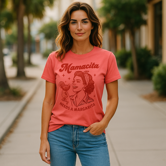 Mamacita Needs a Margarita Unisex T-Shirt (Coral & Red)